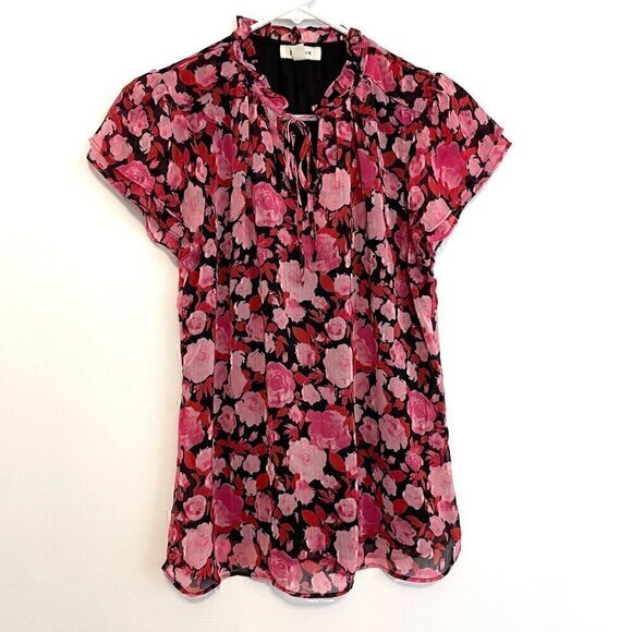 TAMARA H. Short Sleeve Double Ruffle V-Neck Chiffon Blouse Black Pink Red Floral - Picture 2 of 14